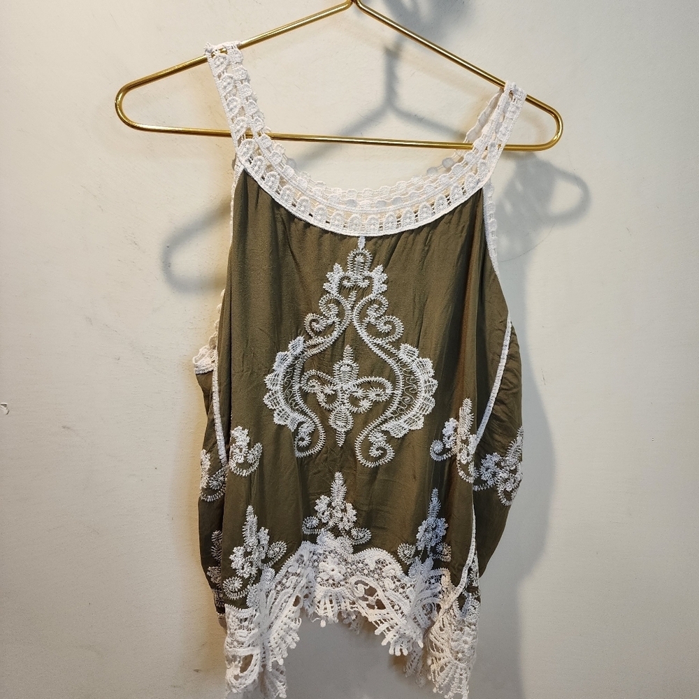 Ultra Pink Olive Green Embroidered Tank Top Size XL